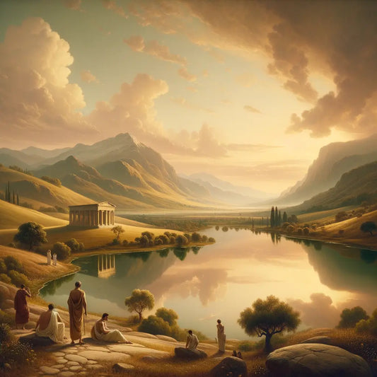 Serene landscape with lake and mountains, evoking Stoic and Biblical balance in 1960s epic style.