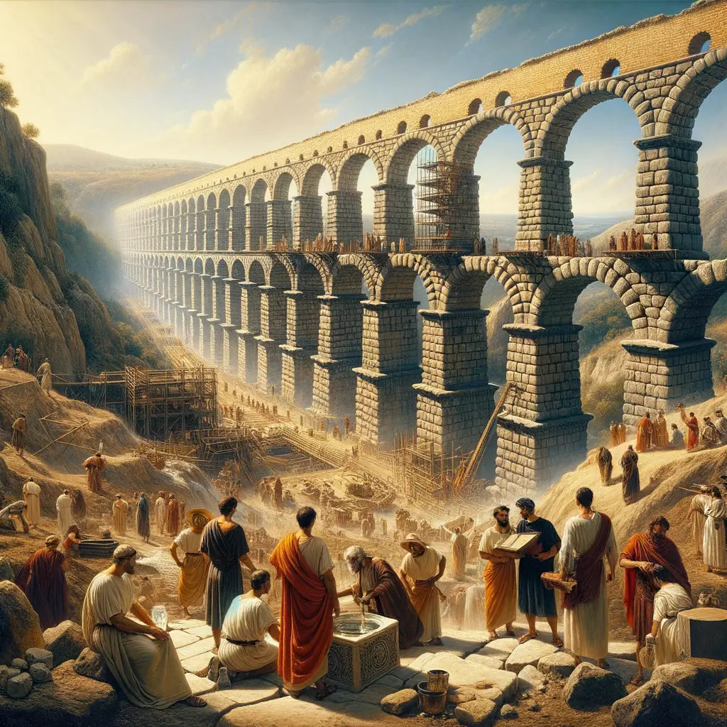 Roman engineers overseeing the construction of a massive aqueduct, captured in the style of a 1960s historical epic painting.