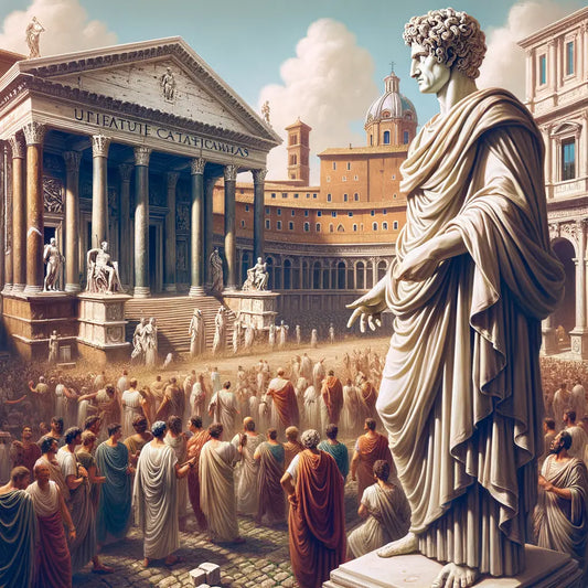 A depiction of a Roman forum in ancient times, illustrating daily life and architecture.