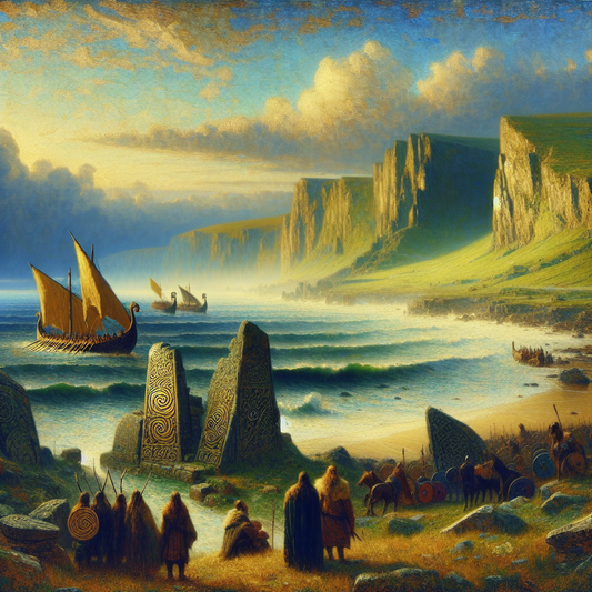 An ancient Irish coastline at dawn with Celtic stone ruins and Viking longships approaching through golden mist, painted in the style of 1960s historical epics.