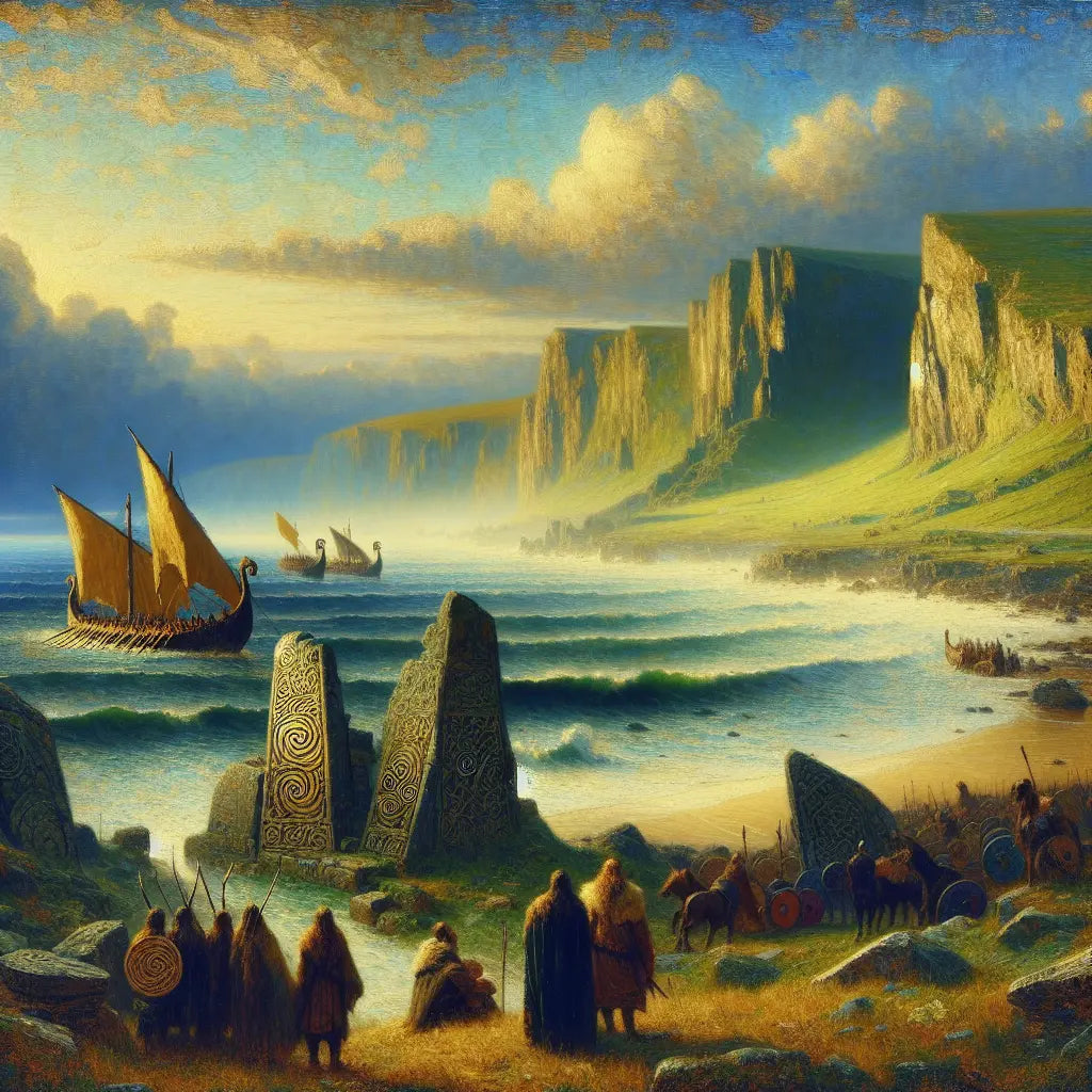 An ancient Irish coastline at dawn with Celtic stone ruins and Viking longships approaching through golden mist, painted in the style of 1960s historical epics.
