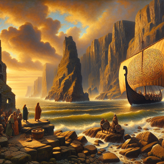 Sunrise over a rocky Irish coastline with Viking longship sails subtly merged with Celtic knotwork patterns, illustrating the blend of Irish and Norse heritage in a warm, historical painting style.