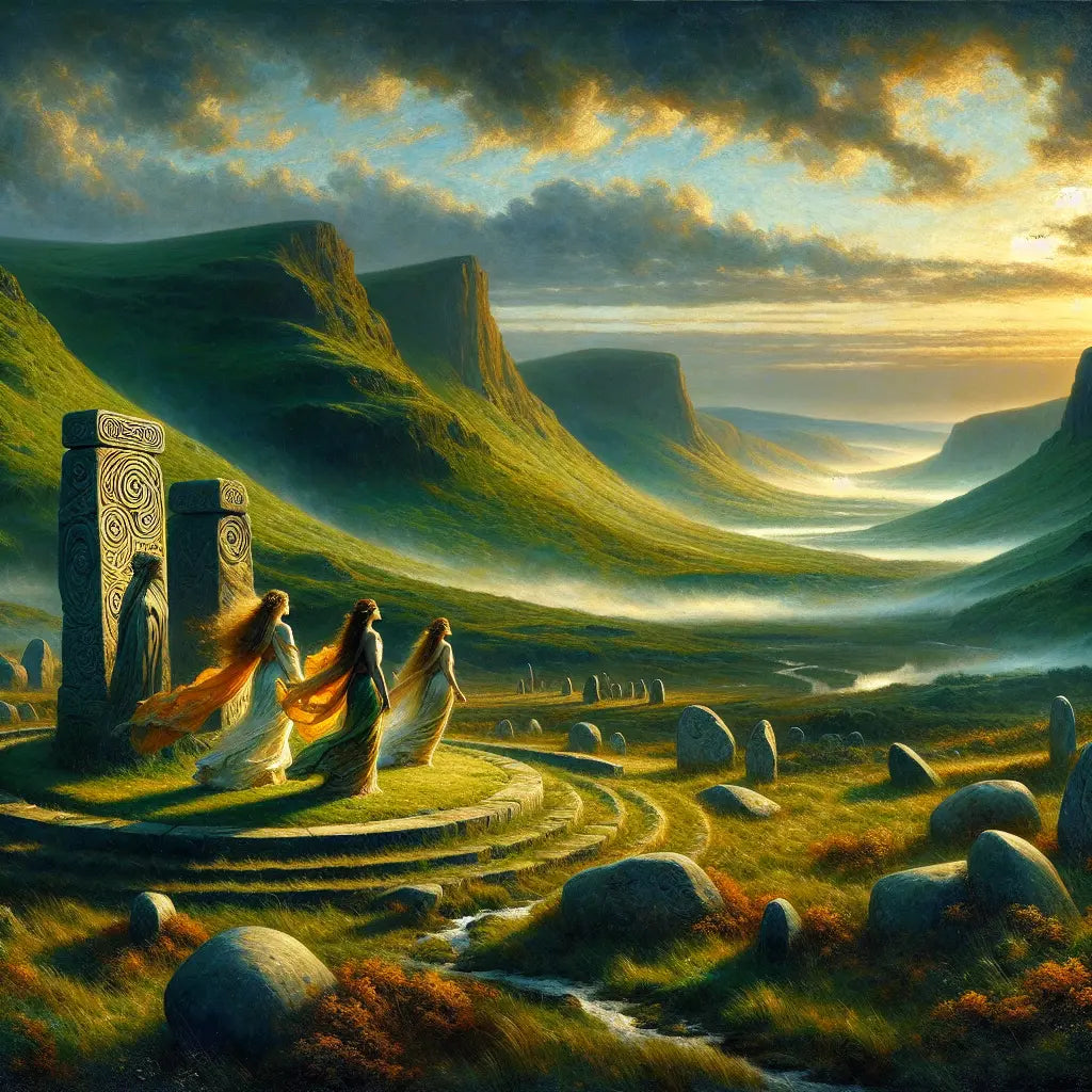 Ethereal female figures symbolizing Irish goddesses Ériu Banba and Fódla stand among ancient stone monuments and misty green hills at dawn in a cinematic historical painting style.