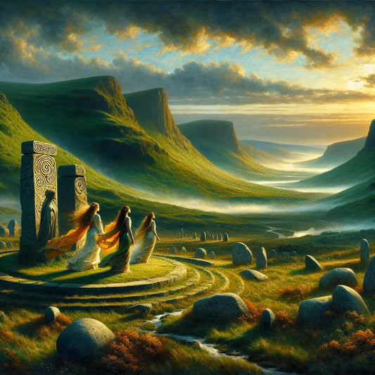 Ethereal female figures symbolizing Irish goddesses Ériu Banba and Fódla stand among ancient stone monuments and misty green hills at dawn in a cinematic historical painting style.