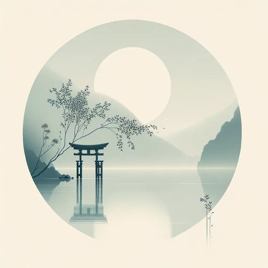 Ein einfacher Torii-Tor im Morgendunst an einem ruhigen See, inspiriert von traditioneller japanischer Kunst, mit einer sanften und ruhigen Atmosphäre.