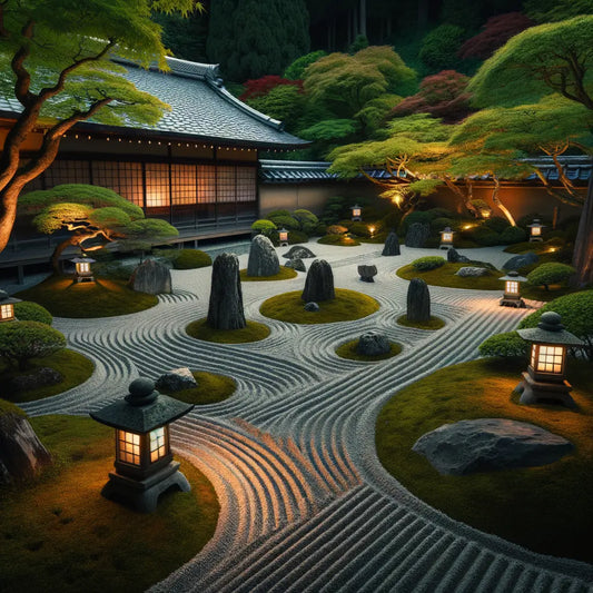 A serene Zen Garden in Kyoto with raked gravel and soft lantern light.