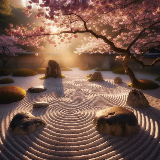 A tranquil Zen garden at dawn featuring raked gravel, rocks, and cherry blossoms.