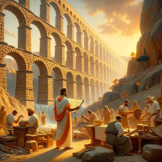 Roman engineer overseeing aqueduct construction, with workers and towering arches, in a style reminiscent of 1960s historical epic films.