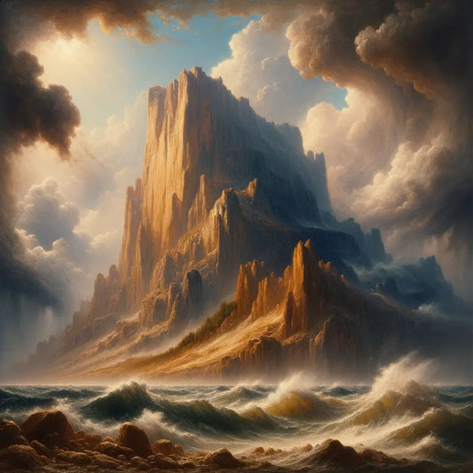 A solitary mountain amidst a storm, symbolizing stoic calmness and strength, inspired by 1960s historical epic films.