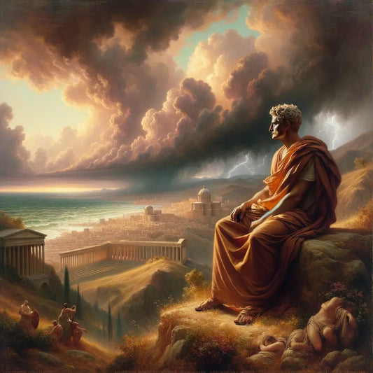 A stoic philosopher standing serenely on a stormy hillside, symbolizing inner peace amidst chaos, in the style of a 1960s historical film.