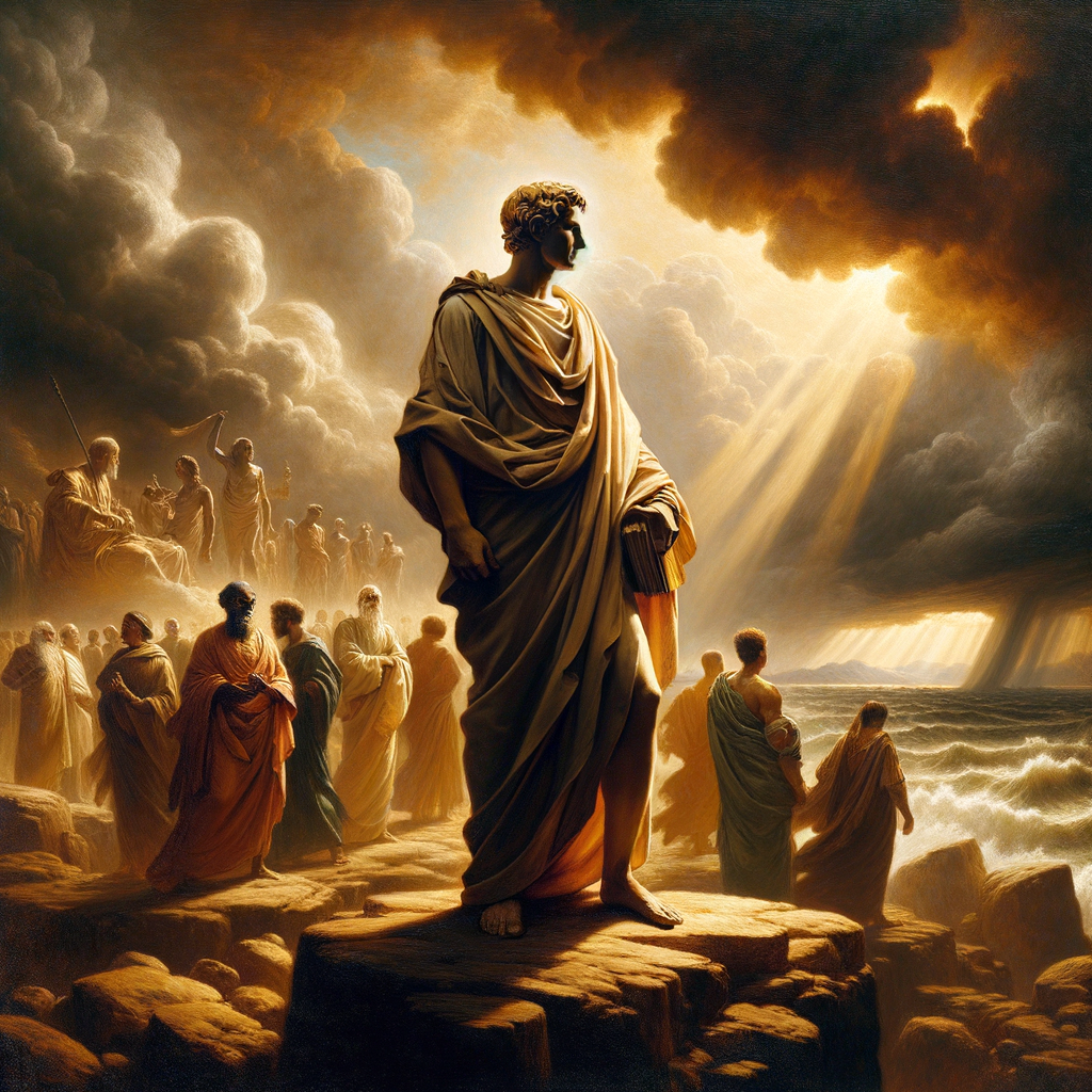 A stoic philosopher standing amidst a storm on a rocky outcrop, symbolizing strength and resilience in a scene echoing 1960s historical epics.