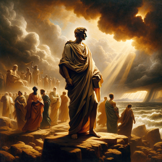 A stoic philosopher standing amidst a storm on a rocky outcrop, symbolizing strength and resilience in a scene echoing 1960s historical epics.
