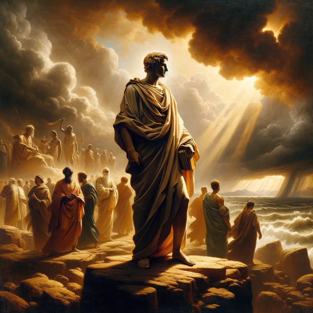 A stoic philosopher standing amidst a storm on a rocky outcrop, symbolizing strength and resilience in a scene echoing 1960s historical epics.
