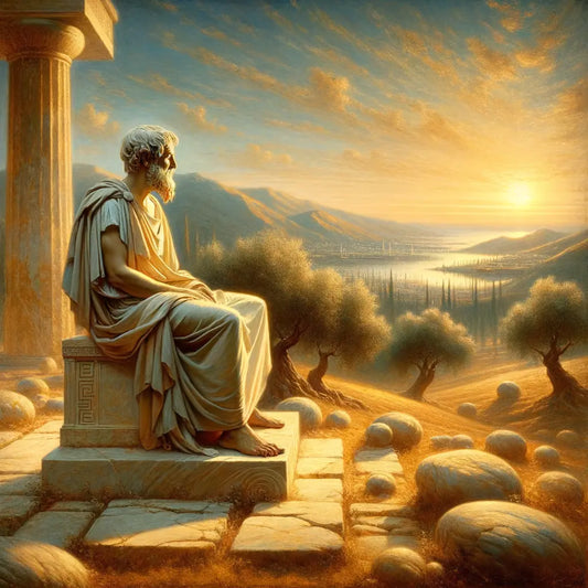 Ancient Greek philosopher in a tranquil landscape, embodying Stoic calm with a subtle modern skyline in the background, in a 1960s historical epic style.