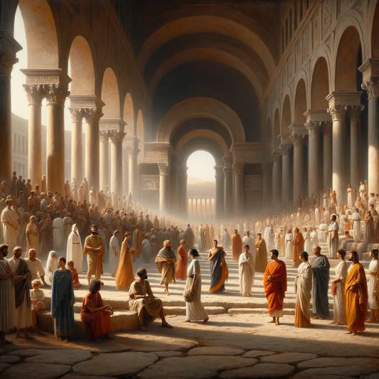 A serene gathering of culturally diverse individuals in an ancient Roman forum, with grand architecture in the background, styled after 1960s historical films.