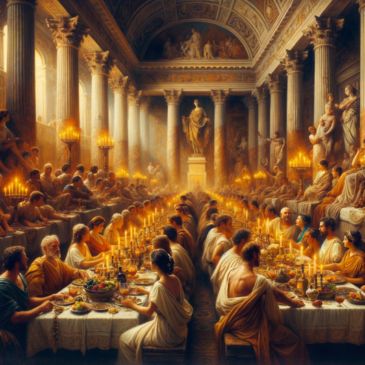 Roman dinner party scene with varied emotional expressions, inspired by 1960s historical films, featuring animated gestures, quiet smiles, and serene composure in an opulent dining hall.