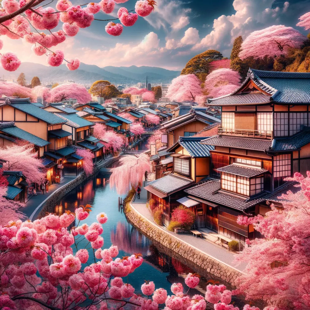 A serene view of cherry blossom trees in full bloom, framing a traditional Japanese temple.