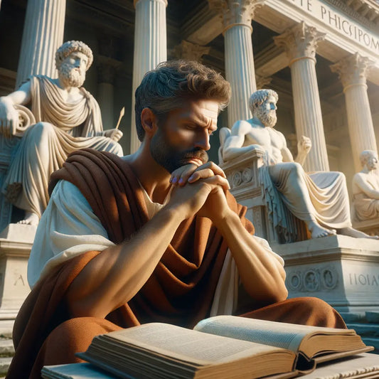 Stoic philosopher in ancient Rome, surrounded by architecture and sunlight.