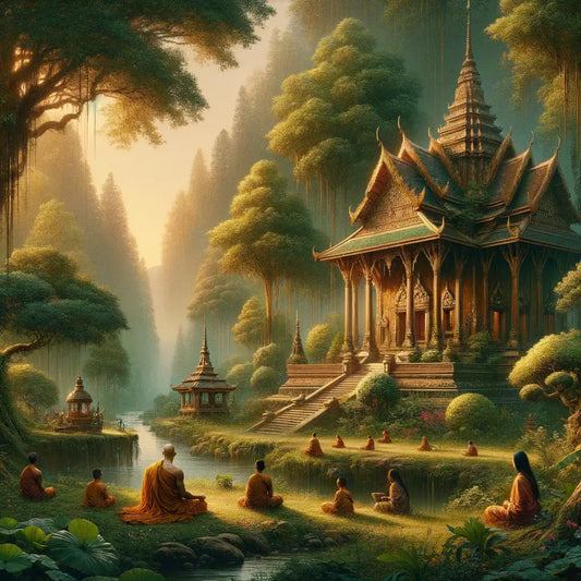 A cinematic painting of a tranquil Buddhist temple surrounded by lush greenery, capturing the essence of peace and spirituality, akin to classic historical epics.