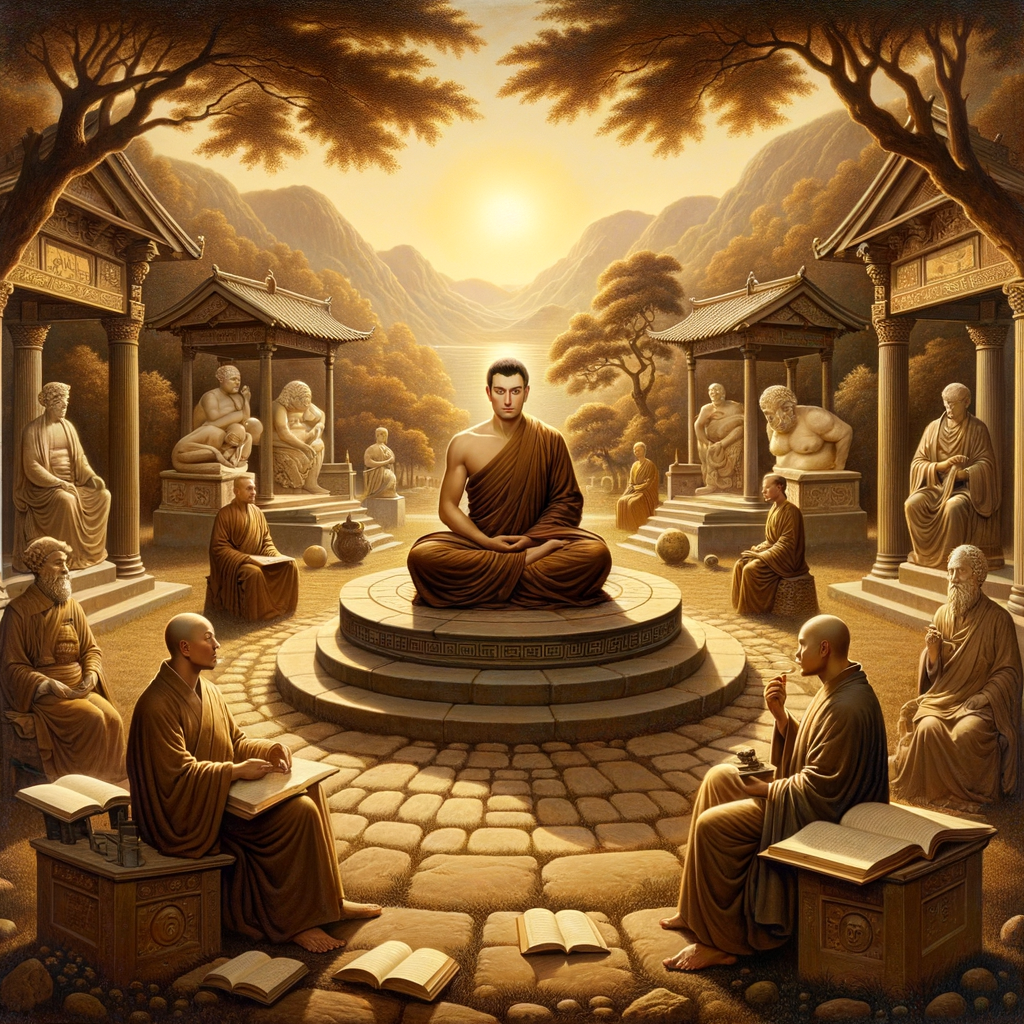 Meditating Buddhist monk in a serene landscape with Western philosophy symbols, inspired by 1960s epic films.