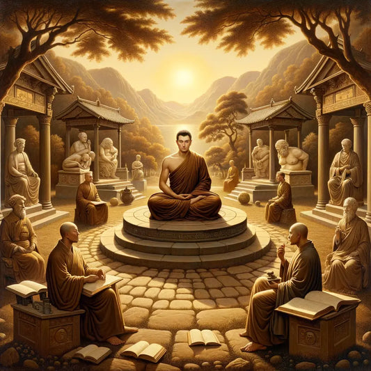 Meditating Buddhist monk in a serene landscape with Western philosophy symbols, inspired by 1960s epic films.