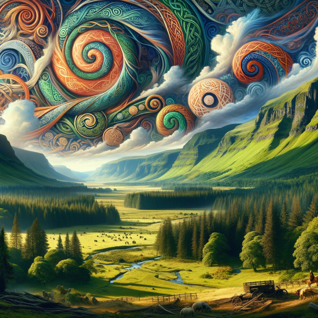 A historical map of Europe highlighting ancient Celtic tribal regions, adorned with vibrant Celtic symbols overlaying a lush landscape, reflecting the style of 1960s historical art.