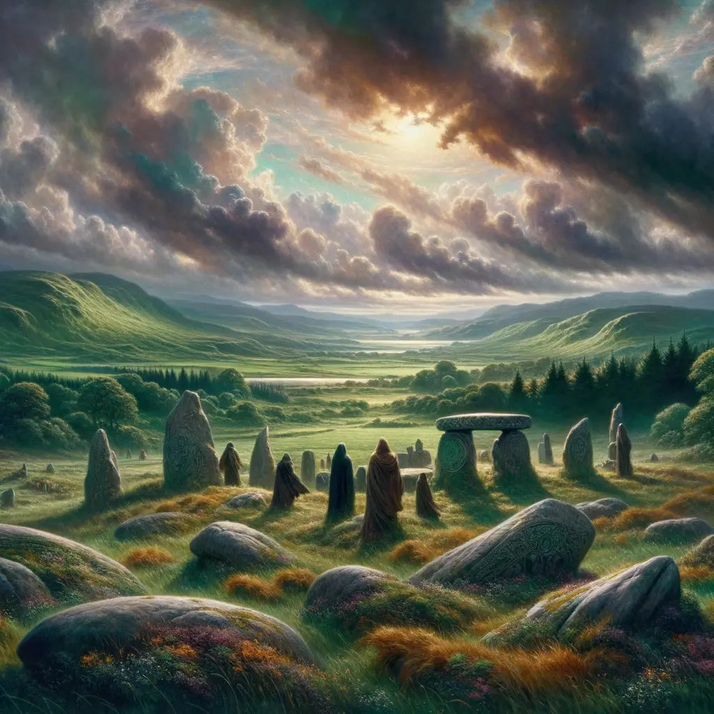 Mystical Celtic landscape with lush green hills and ancient stone circles, under a vibrant sky, invoking myth and legend.