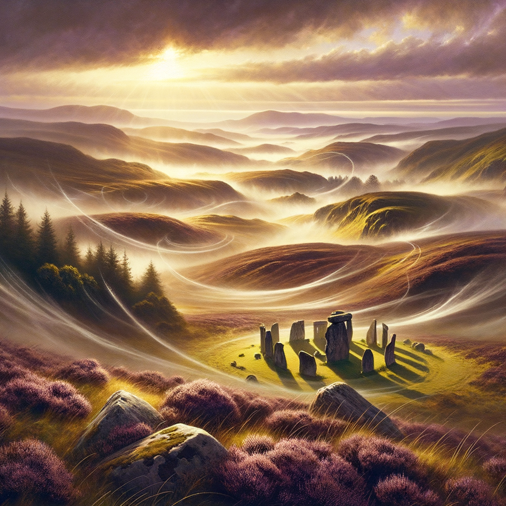 Mystical landscape of misty hills, inspired by Scottish and Irish Celtic myths, with stone circles and heather, in a warm, golden sunrise.