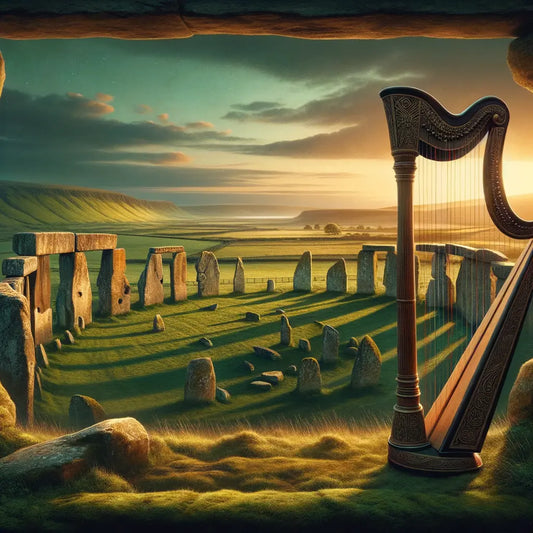 A Celtic harp in front of stone circles during twilight in a lush landscape, inspired by 1960s historical epic films.