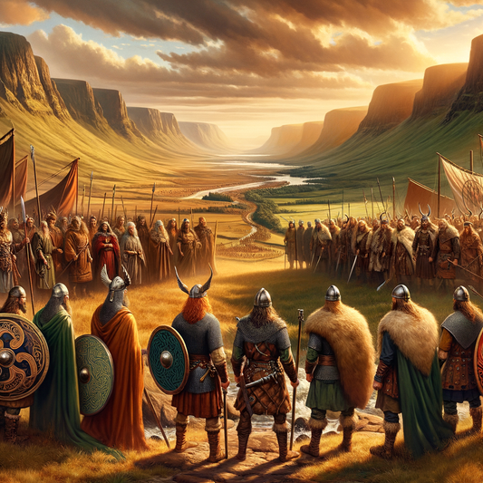 Celtic and Viking warriors in a picturesque landscape, showcasing their distinctive cultural imagery and attire, inspired by 1960s historical epic films.