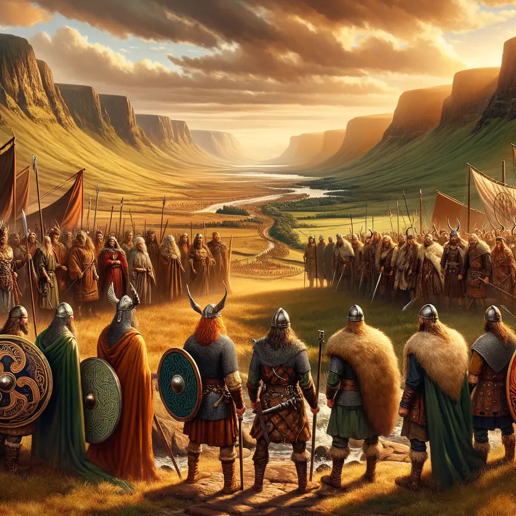 Celtic and Viking warriors in a picturesque landscape, showcasing their distinctive cultural imagery and attire, inspired by 1960s historical epic films.