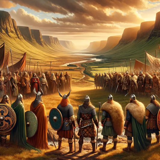 Celtic and Viking warriors in a picturesque landscape, showcasing their distinctive cultural imagery and attire, inspired by 1960s historical epic films.
