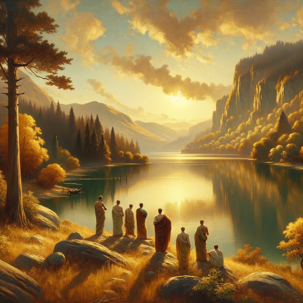 Roman toga-clad figures standing by a serene lake at sunrise, embodying stoic philosophy with calm reflection, styled like a 1960s historical film.