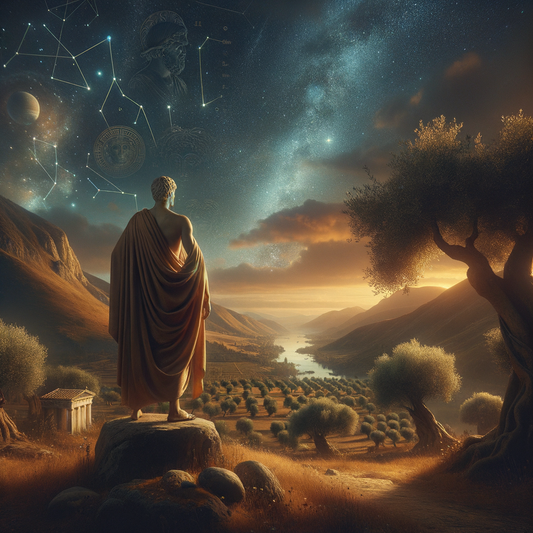 Ancient Greek philosopher surrounded by nature, symbolizing tranquility, with a backdrop of a star-filled sky representing empirical universe.