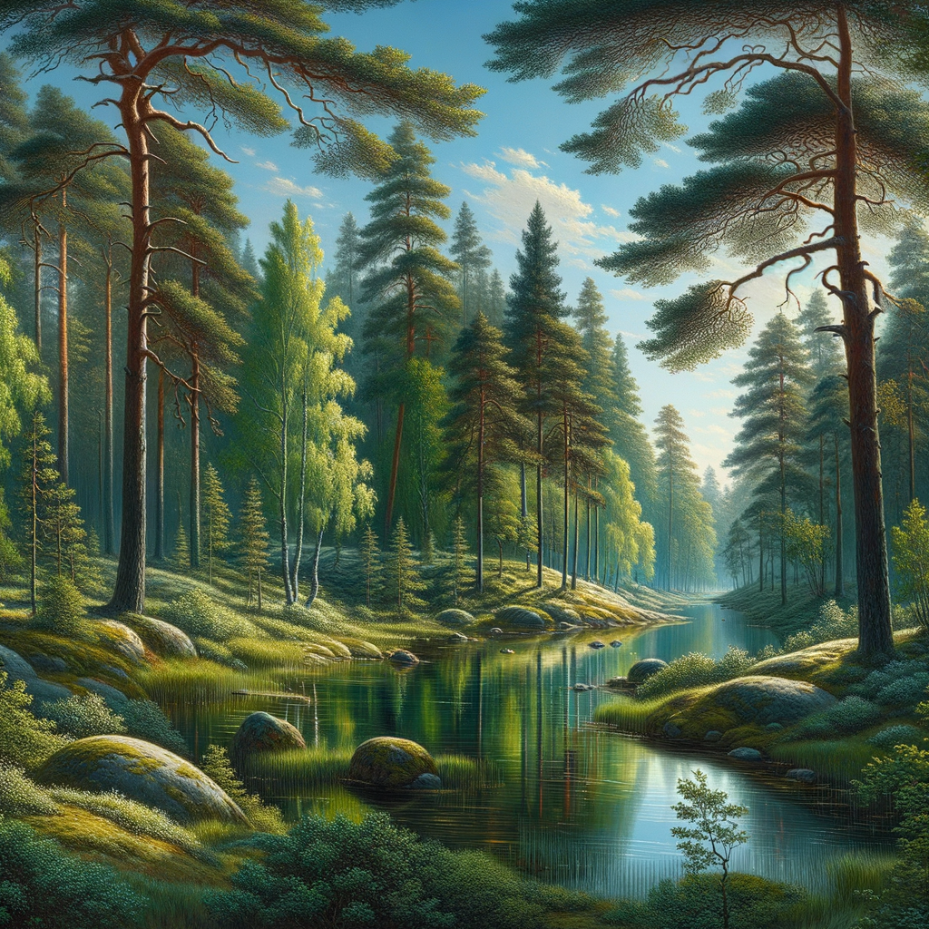 Peaceful Finnish forest with lakes and Nordic sky, capturing Finland's cultural identity and natural beauty.