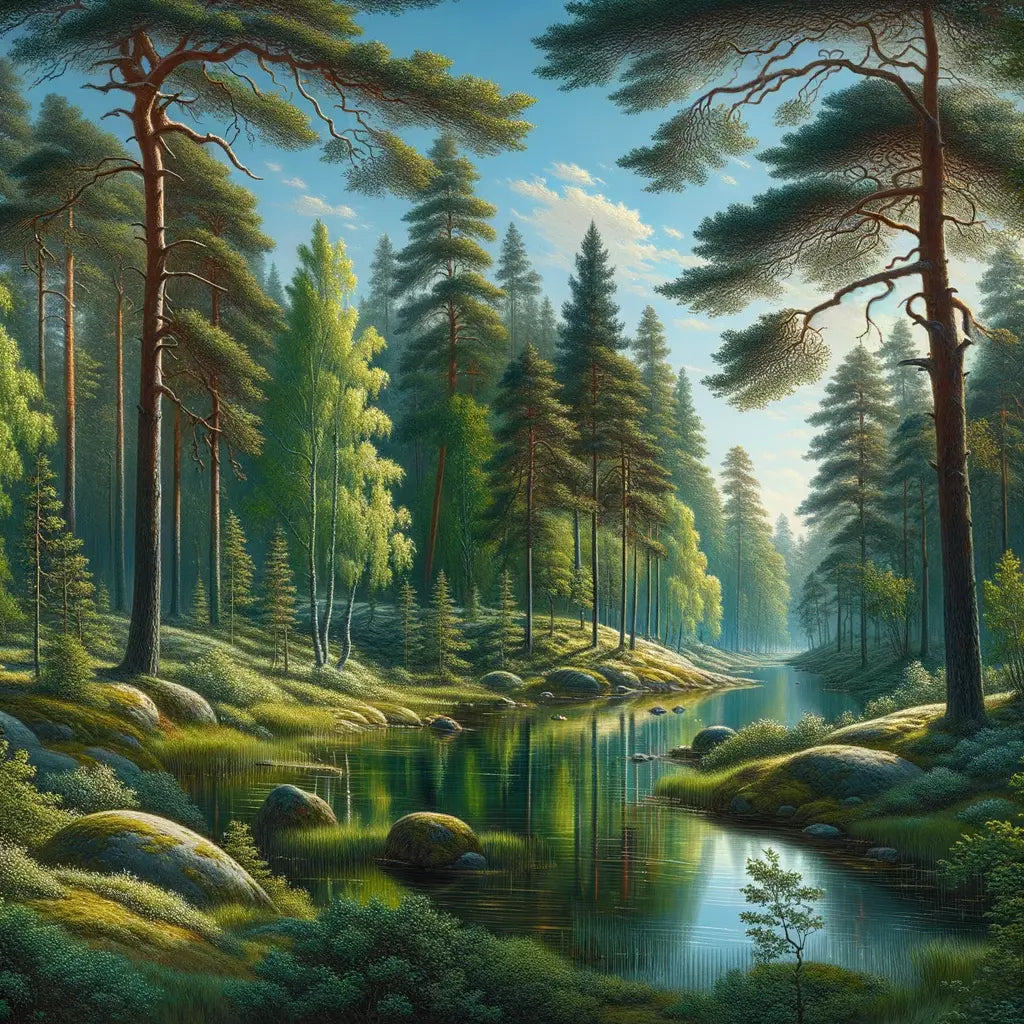 Peaceful Finnish forest with lakes and Nordic sky, capturing Finland's cultural identity and natural beauty.