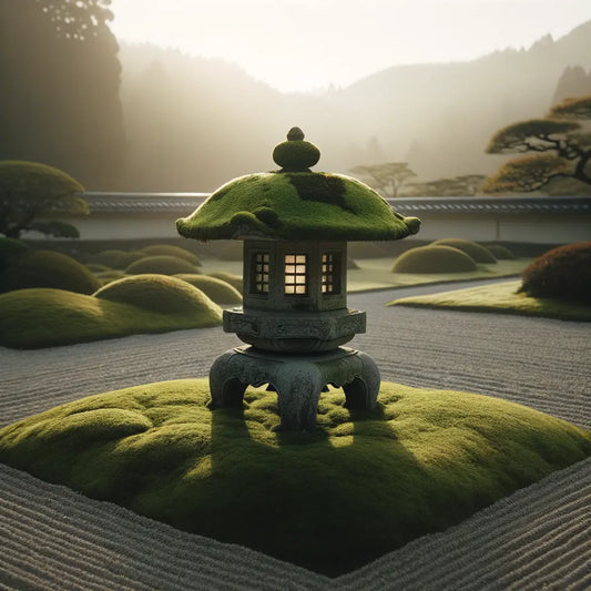 Eine elegante Steinlaterne, die teilweise mit weichem, lebendig grünem Moos bedeckt ist, in einer Zen-Garten-Ecke. Sanftes Morgenlicht und ein Hauch von Nebel schaffen eine ruhige, ausgewogene Atmosphäre.