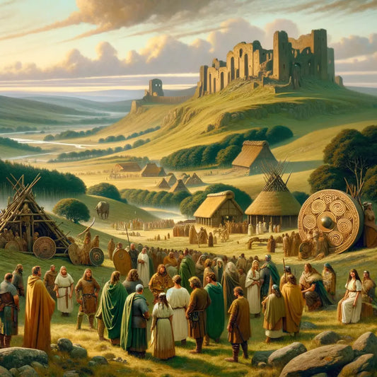 Tapestry-inspired illustration of Gallic and Celtic cultures, featuring ancient landmarks and cultural symbols in a lush European landscape.