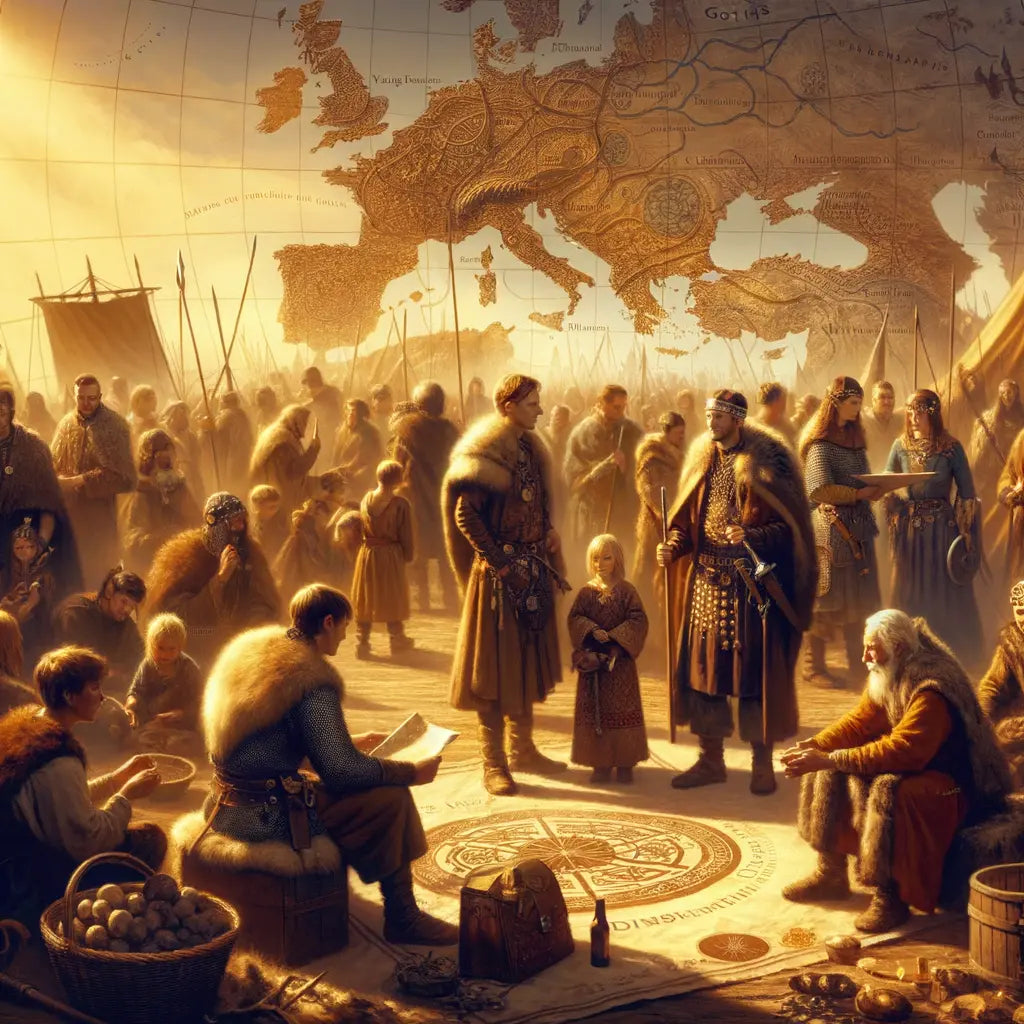 Illustration of Germanic tribes like Vandal, Goths, and Lombards before a historical European map, symbolizing migration and cultural blending, styled after 1960s historical epics.