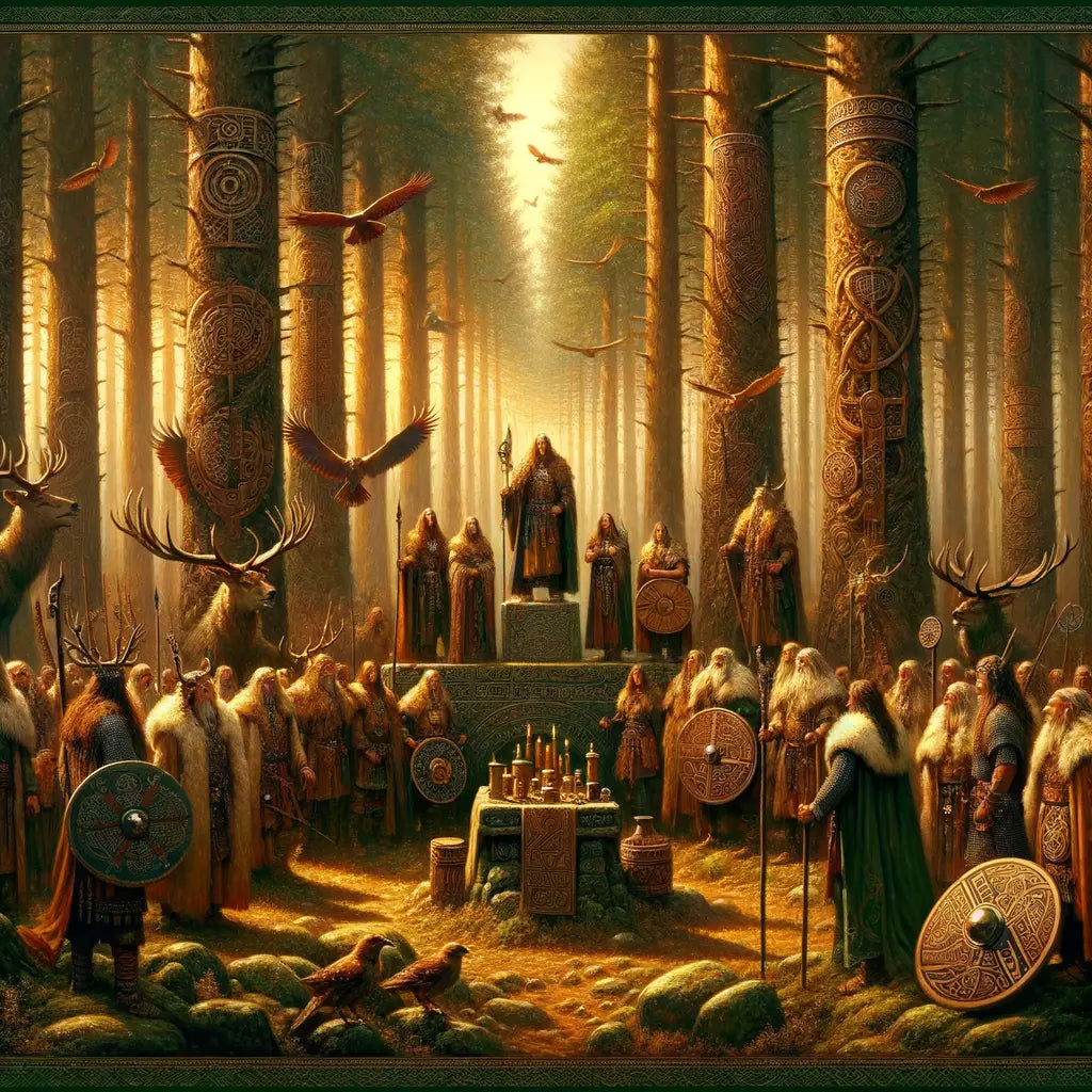 Scene of ancient Germanic tribes in a dense forest, showcasing leaders, cultural artifacts, and symbols of the Saxons, Goths, and Franks in a cinematic style.
