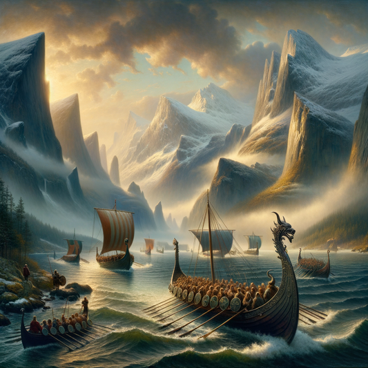 Viking ships navigating through misty Nordic fjords, surrounded by mountains, inspired by classic historical film aesthetics.