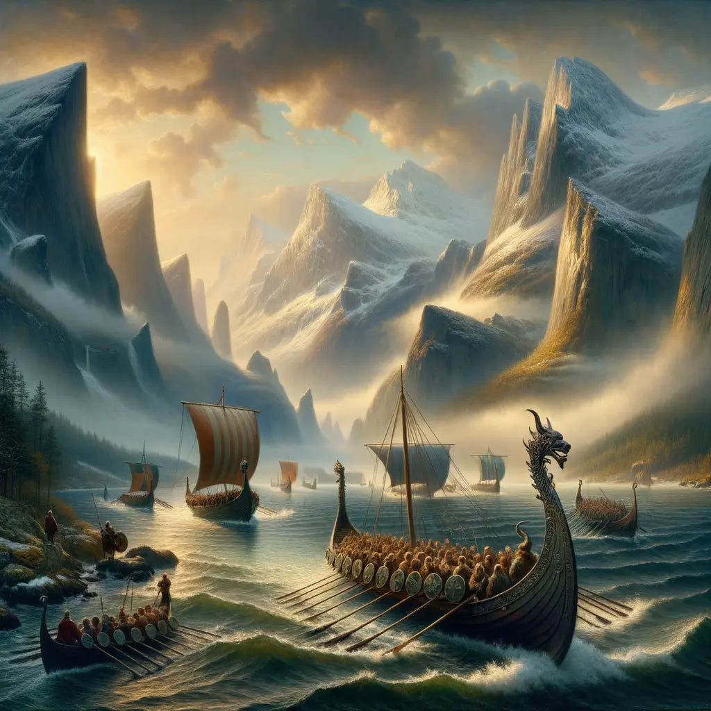 Viking ships navigating through misty Nordic fjords, surrounded by mountains, inspired by classic historical film aesthetics.