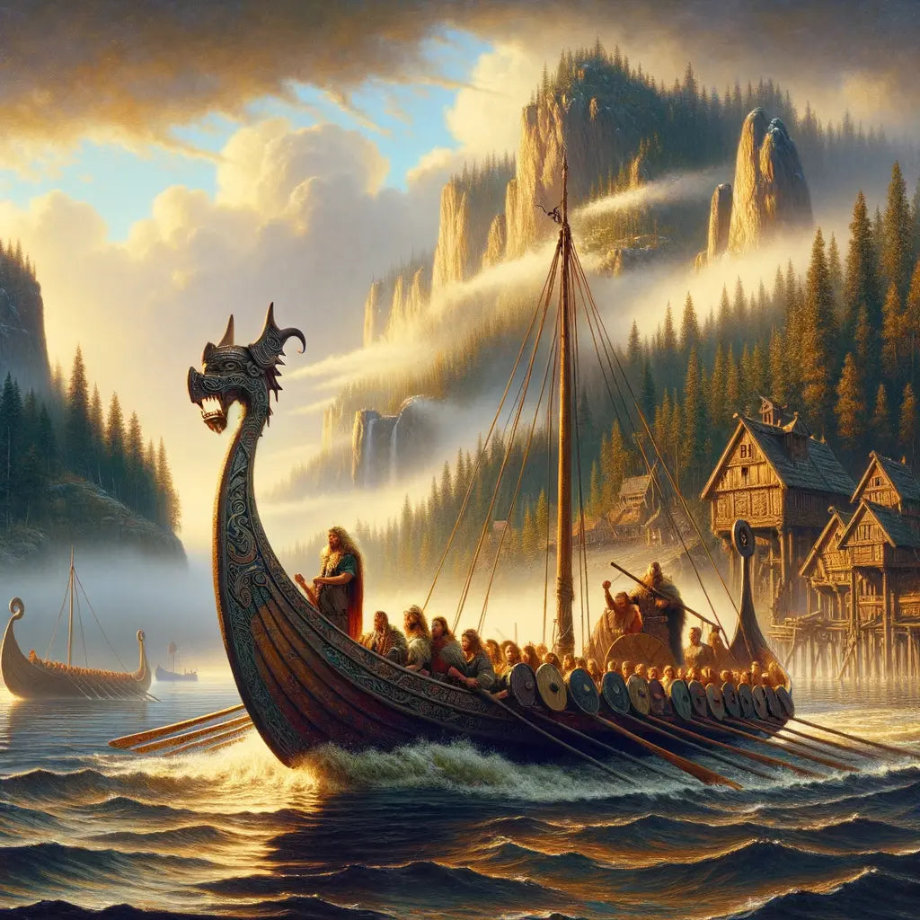Viking longboat on Scandinavian coast with Germanic architecture backdrop, in cinematic style.