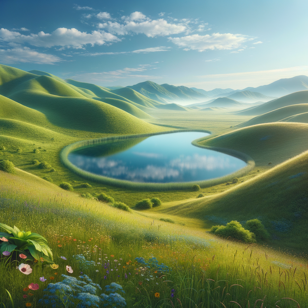 A tranquil view of nature featuring hills, a lake, and wildflowers under a clear sky.