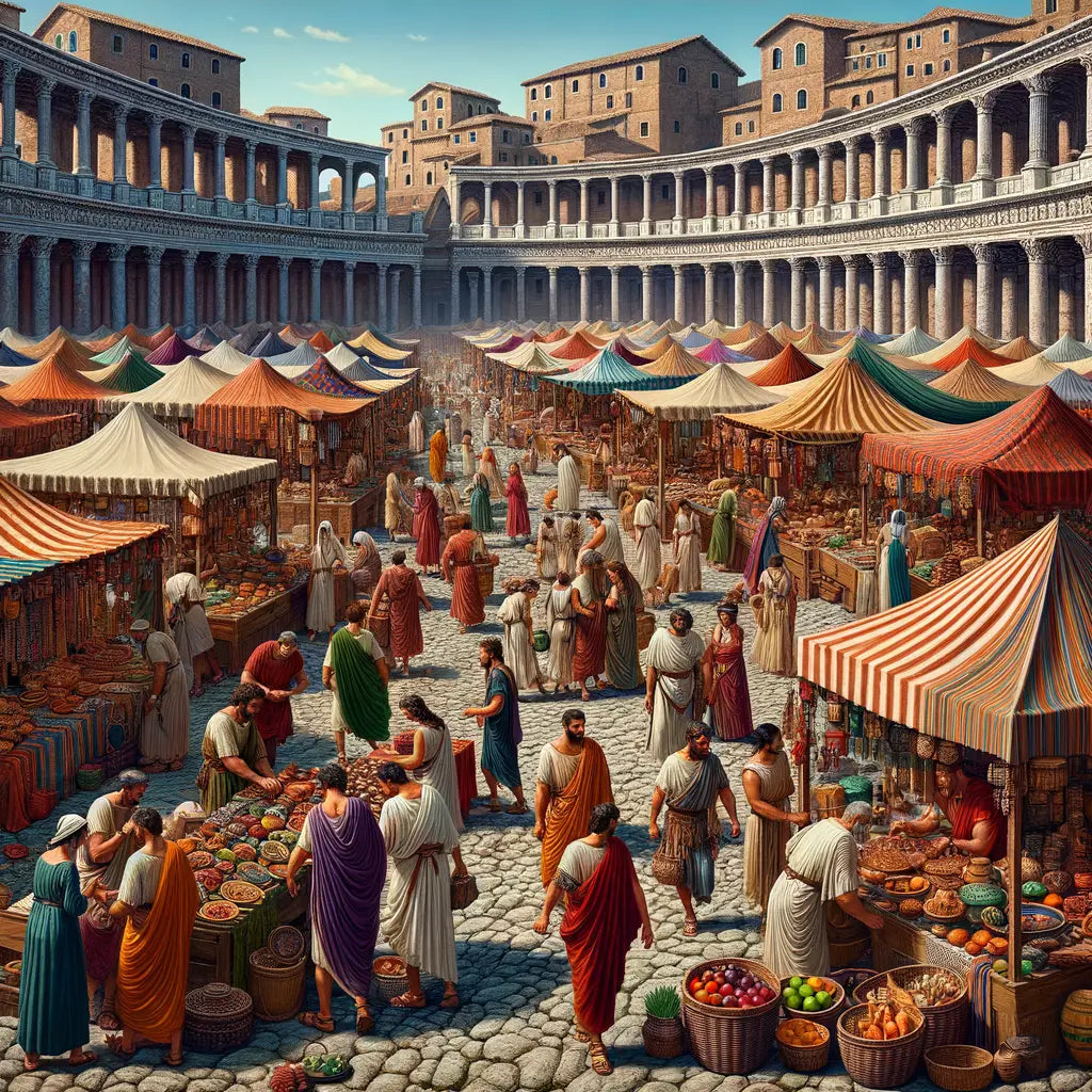 A lively Roman marketplace with merchants and citizens.