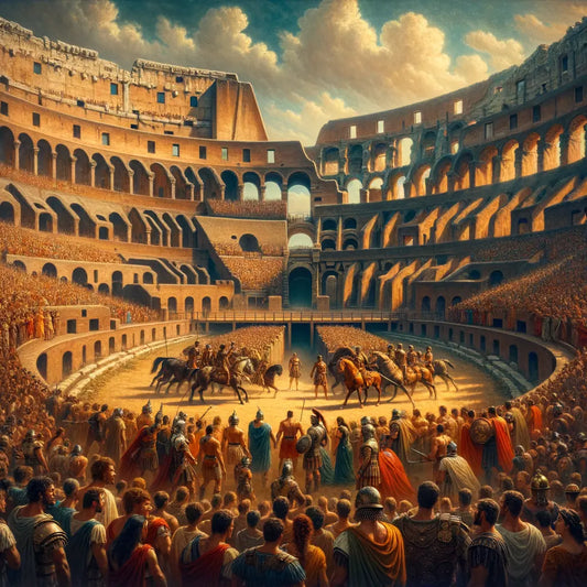 Gladiators in historical armor stand in an ancient Roman Colosseum filled with roaring crowds, under bright sunlight, in a scene inspired by classic 1960s historical films.