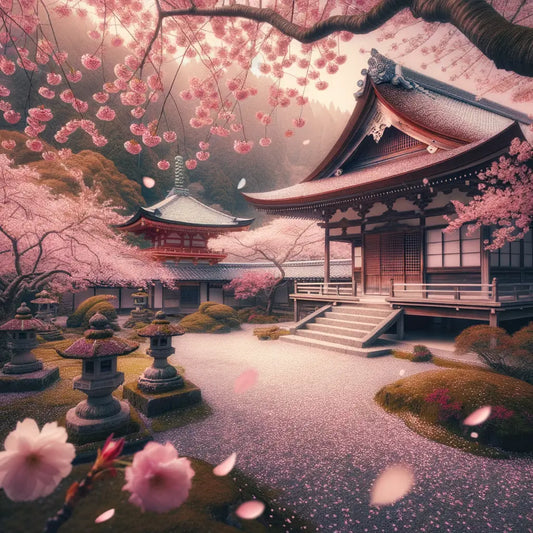 A tranquil scene of a Japanese temple surrounded by blooming cherry trees.
