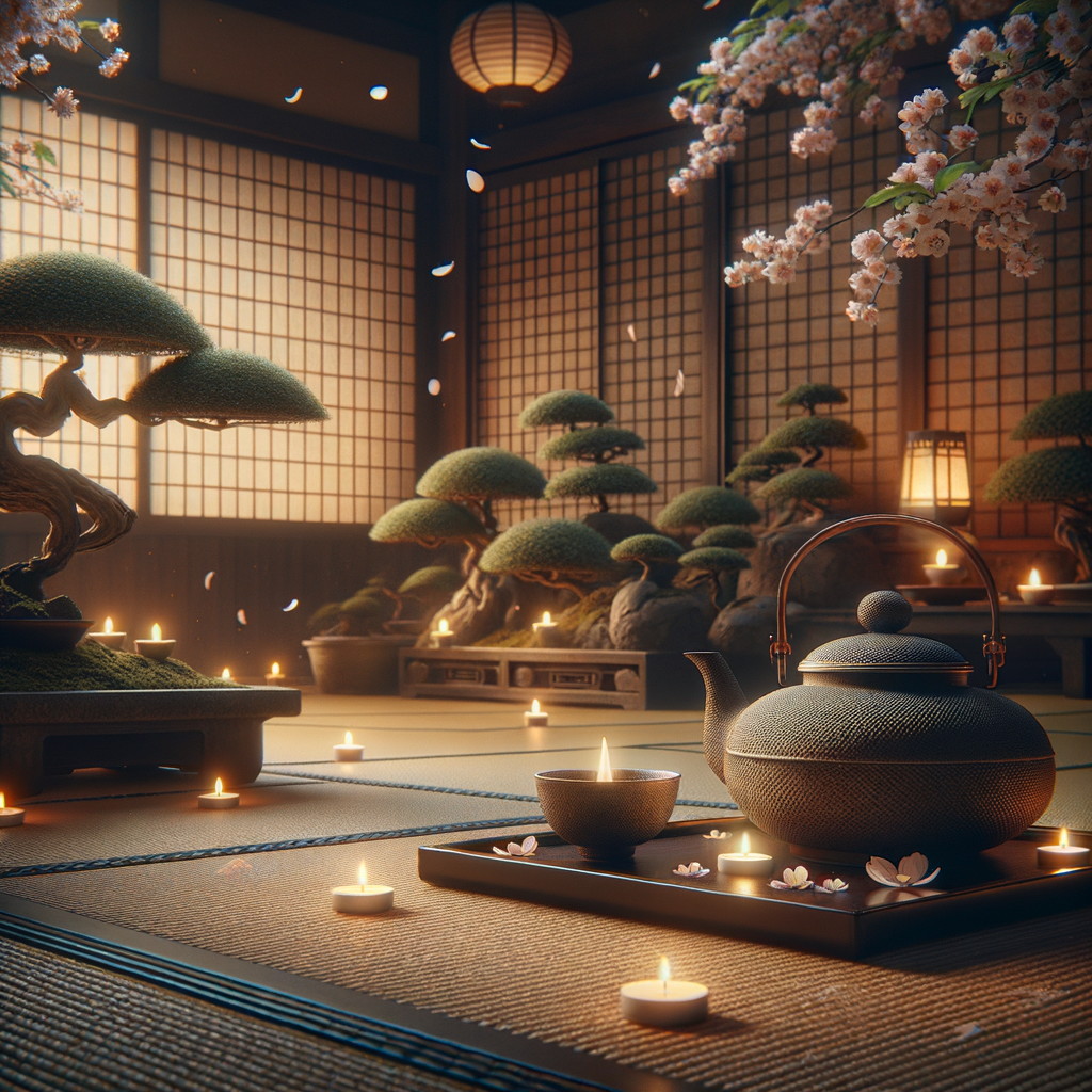 Traditional Japanese tea house scene with warm lighting and minimalist decor.