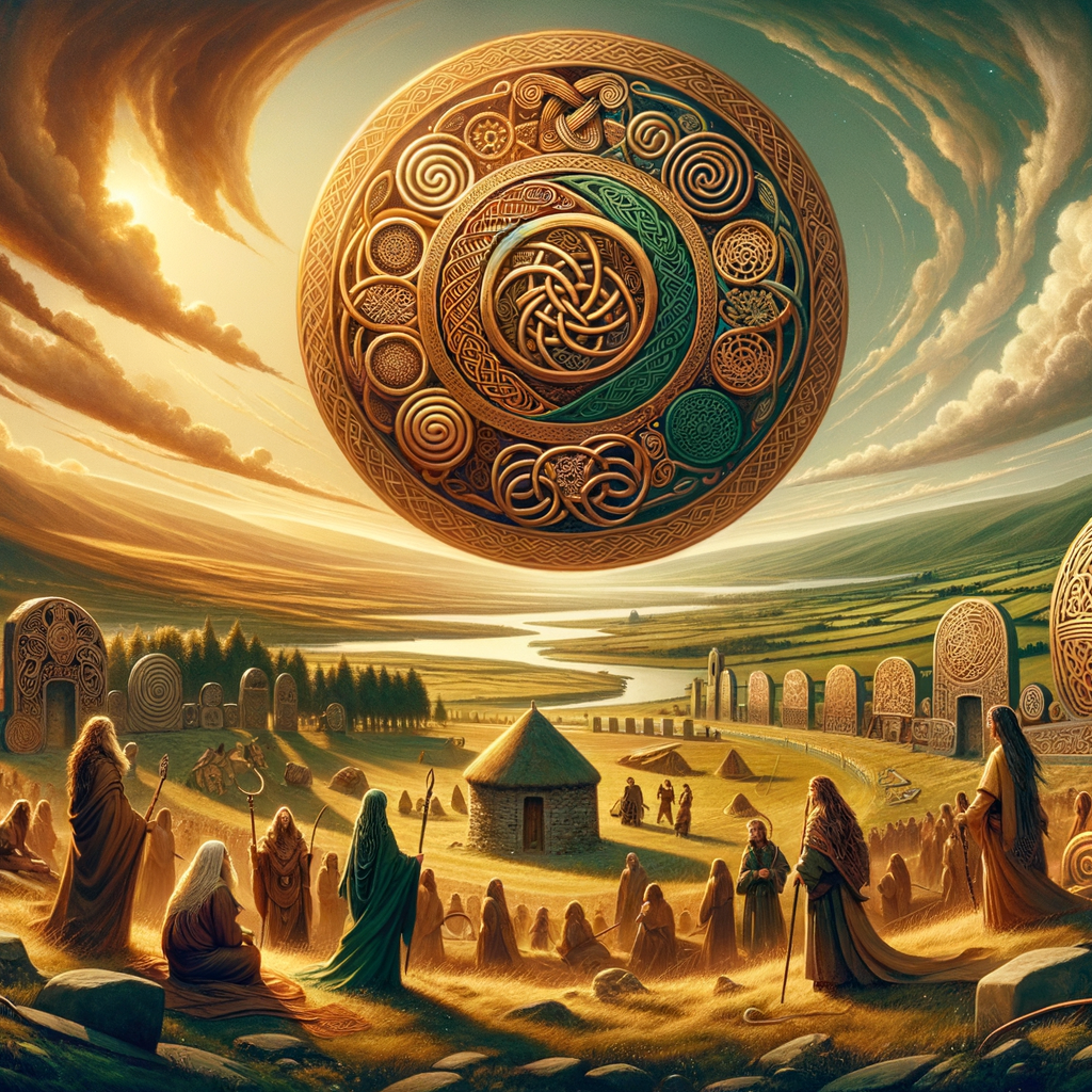 Illustration of intertwined Celtic and Gaelic motifs, symbolizing Ireland's dual cultural heritage, in a cinematic 1960s epic style.
