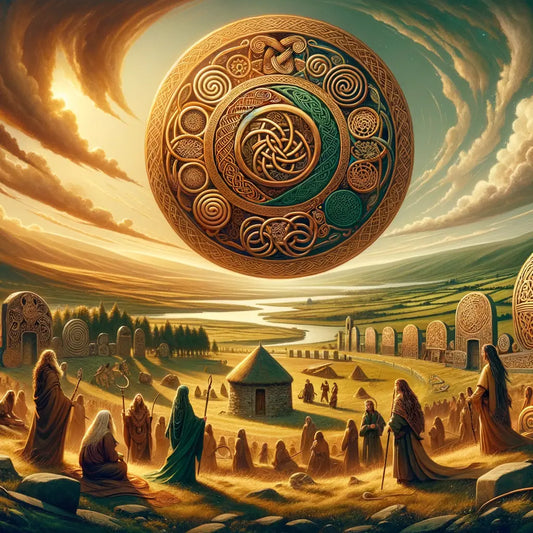 Illustration of intertwined Celtic and Gaelic motifs, symbolizing Ireland's dual cultural heritage, in a cinematic 1960s epic style.
